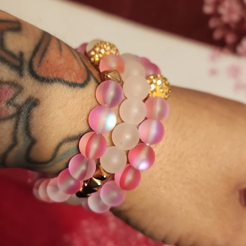 Iridescent Rose Quartz Stretch Bracelets, Set Of 3
